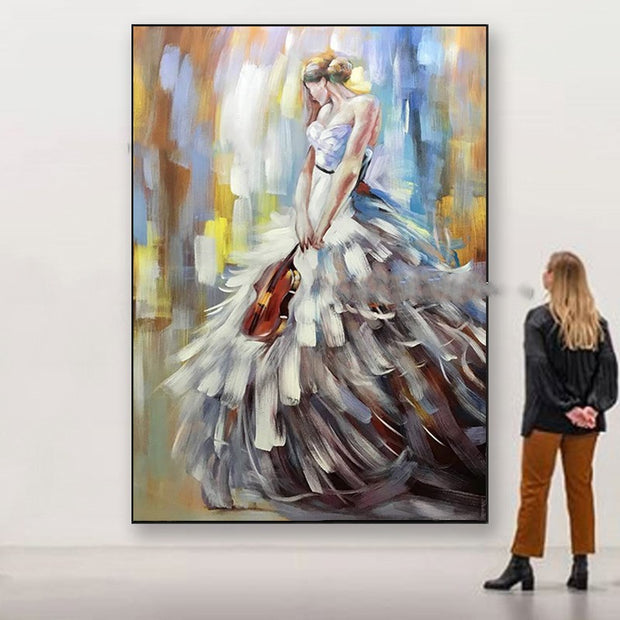 Elegant woman in a textured dress standing in front of a large canvas painting in a modern gallery setting.