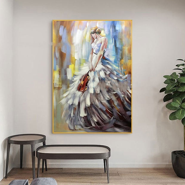 Elegant decorative canvas painting of a woman in a flowing gown, enhancing living room aesthetics.