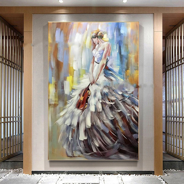 Elegant decorative canvas painting of a woman in a flowing dress, enhancing modern living room decor.