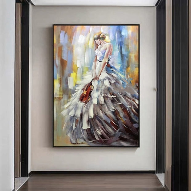 Elegant decorative canvas painting of a woman in a flowing dress, enhancing modern living room decor.