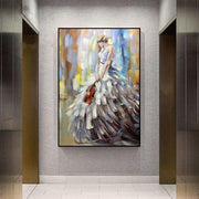 Elegant decorative canvas painting of a woman in a flowing dress, displayed in a modern hallway.